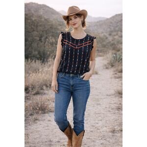 Abercrombie & Fitch Black Embroidered Southwestern Boho Ruffle Tank Top Size Med